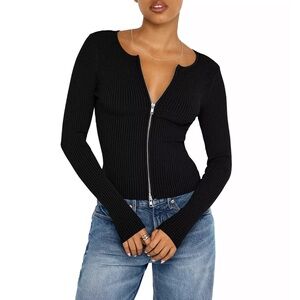Good American Black Ribbed Zip Top – Size XS